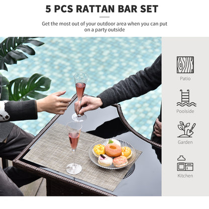 5 Pieces Patio Bar Set, Outdoor PE Rattan Wicker High Top Outdoor Table and Chairs Outdoor Bar Set with Tempered Glass T