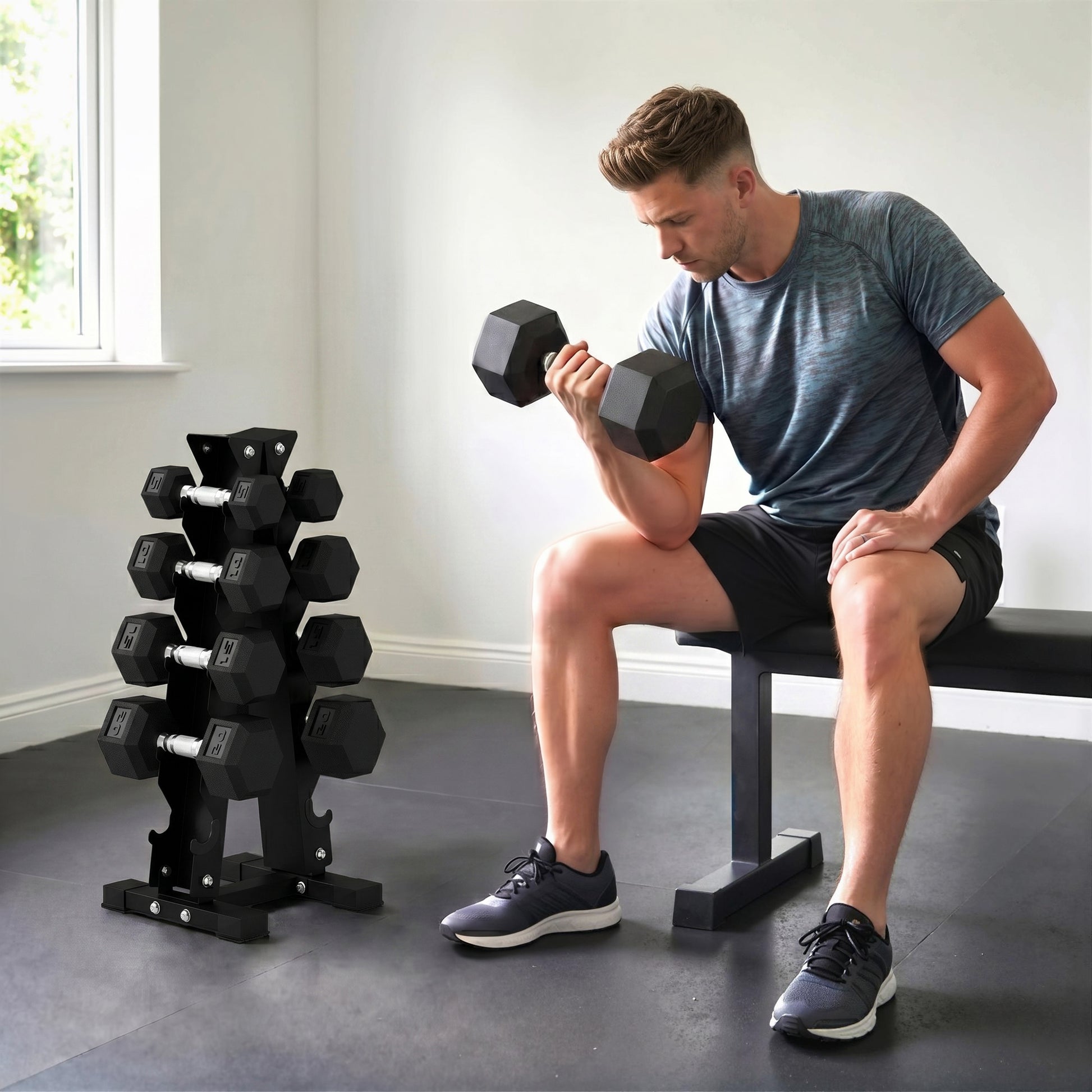 Soozier Hex Dumbbell Weight Set with Vertical Rack, 150lbs Rubber-Coated Dumbbells with Non-Slip Handles