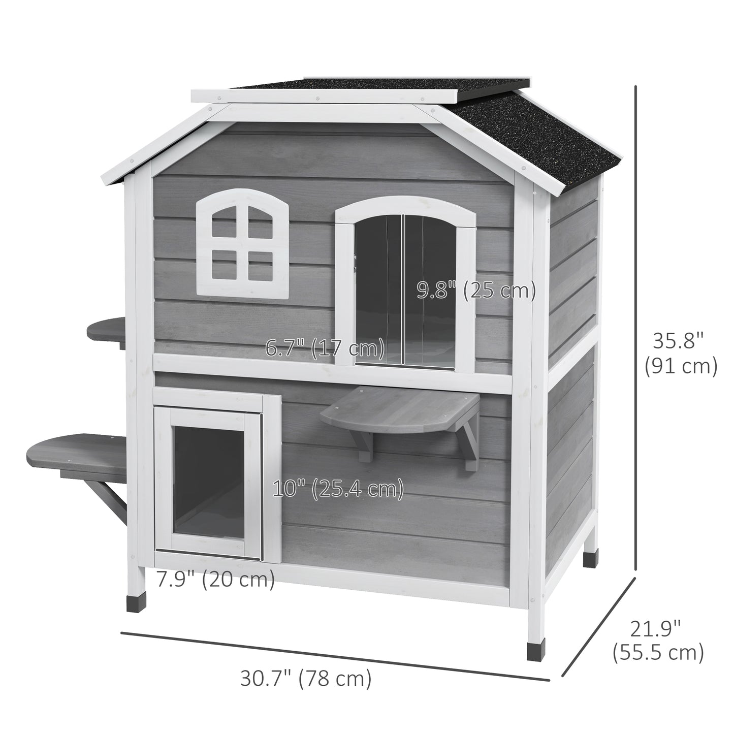 2-Storey Outdoor Cat House, Wooden Catio with Openable Roof, Lounge Space, Fun Entrances, for Feral Cats, Grey