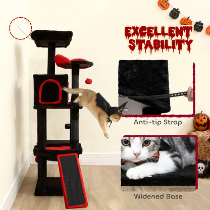 Gothic Cat Tree, 60" Tall Cat Tower with Coffin Bed,  Sisal Scratching Posts & Ramp, Condo, Hammock, Perches, Black