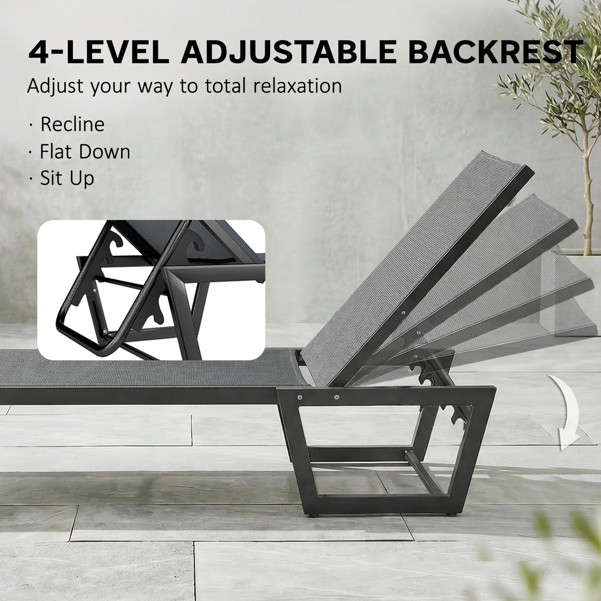 Lounge Chair Outdoor, 63 cm Wide Chaise Lounge Tanning Chair, 4-Position Outdoor Tanning Lounger, Dark Grey