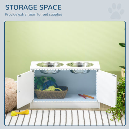 Elevated Dog Bowls for Large Dogs Pet Feeding Station with Stand, Storage, 2 Stainless Steel Food and Water Bowls, White