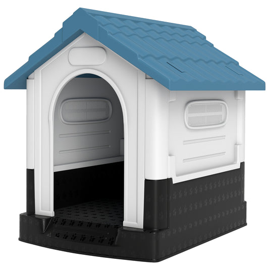 Outside Dog Kennel House with Windows, Base Support, for Garden Patio, Miniature Dogs, 64.5 x 57 x 66cm, Blue