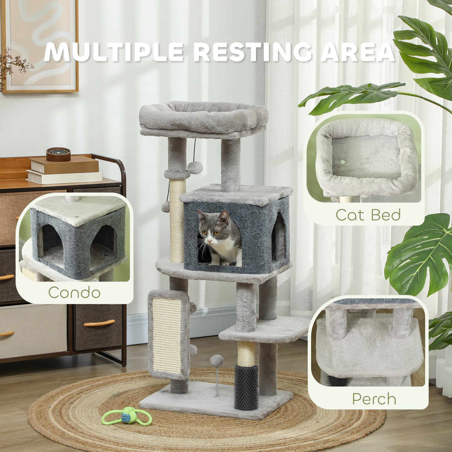 41 Inch Cat Tree with Scratching Posts, Cat Bed, Condo, Grooming Brush, Jumping Platforms, Toy Balls, Anti-tip Kit
