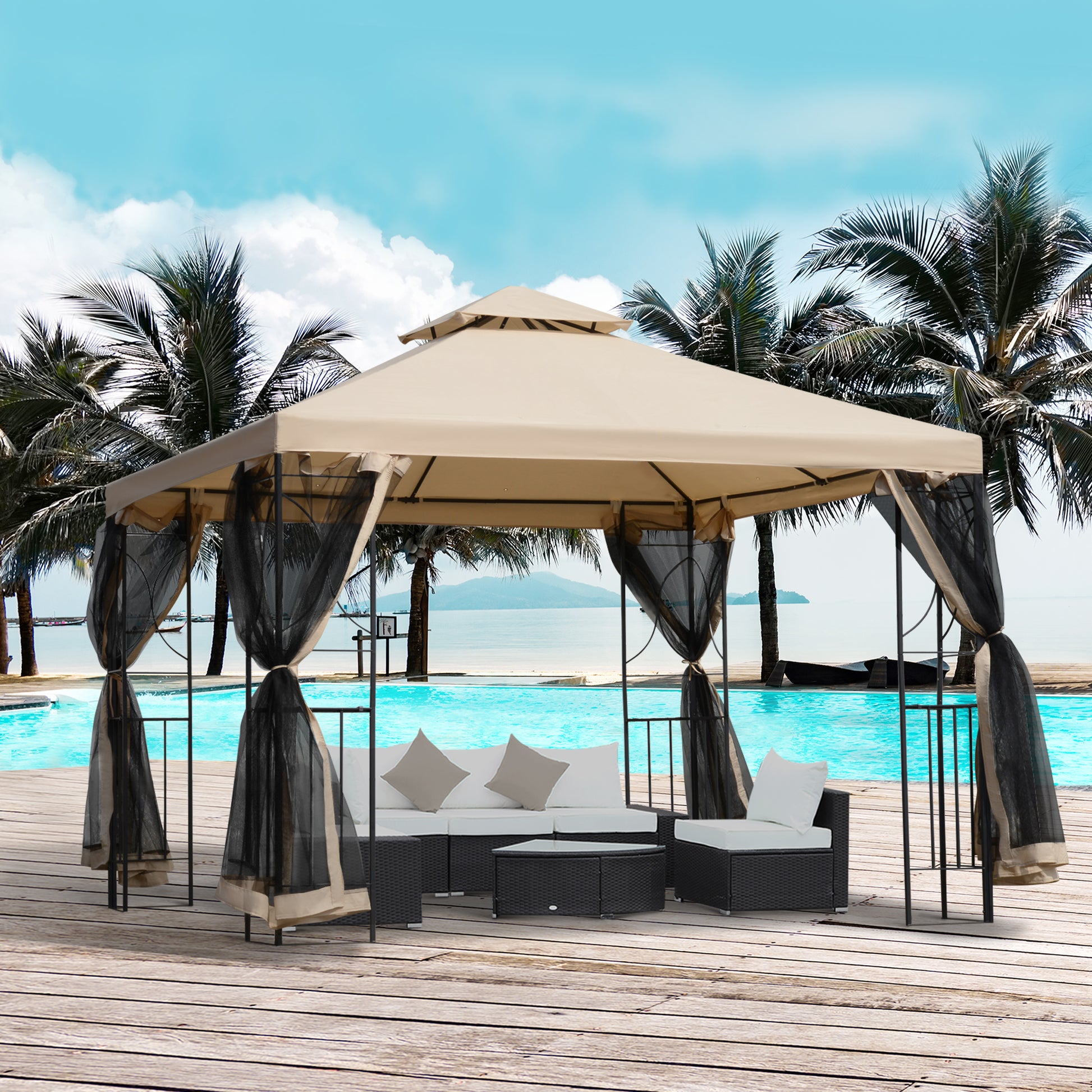 10x10ft Patio Gazebo, Outdoor Double Top Pavilion Canopy, Garden Event Party Tent Shelter, Yard Sun Shade Steel Frame w/