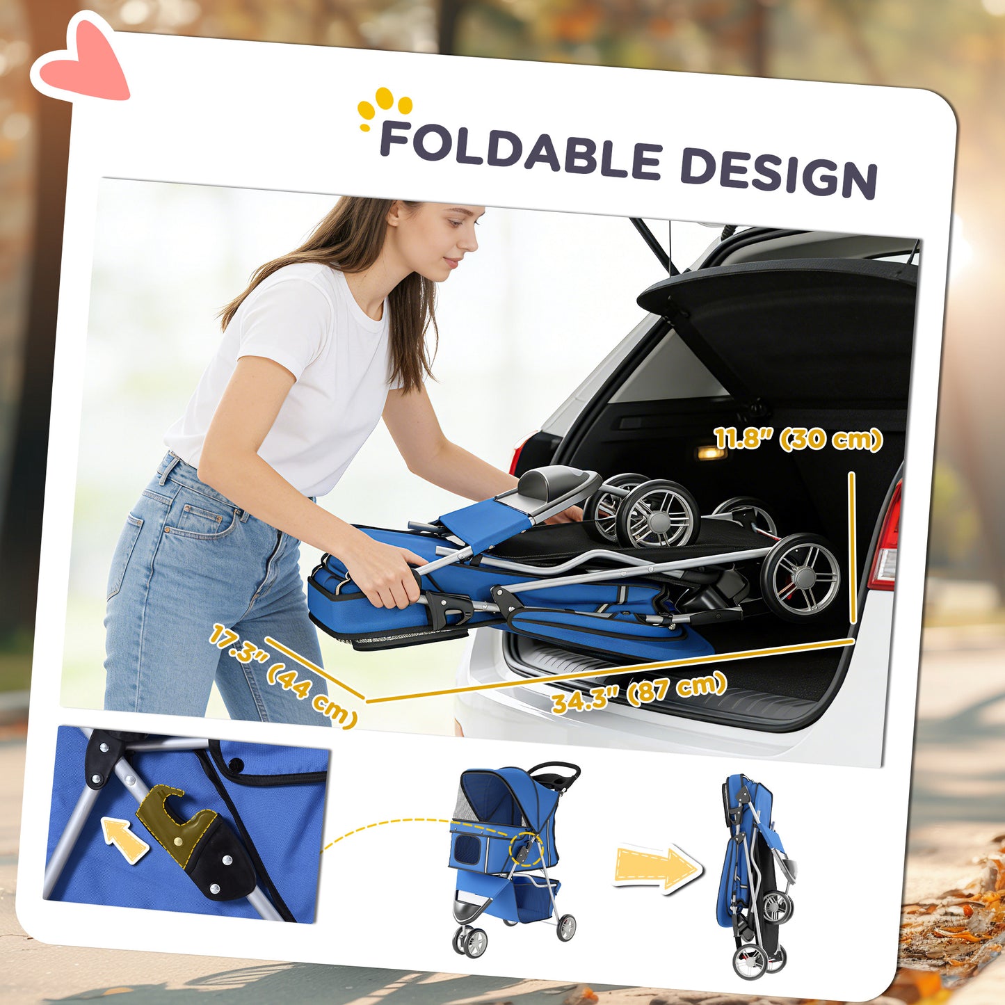3 Wheels Foldable Dog Stroller with Storage Basket, Adjustable Canopy, Cupholder for Miniature and Small Dogs, Blue