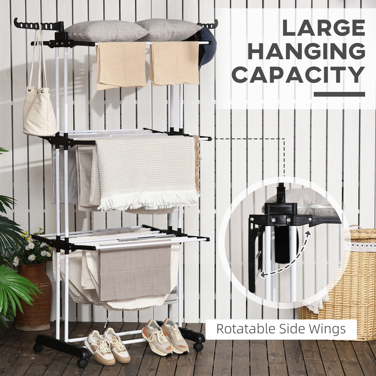 Foldable Clothes Drying Rack, 4-Tier Steel Laundry Rack for Drying Clothes with 2 Side Wings and 4 Castors, Indoor and O