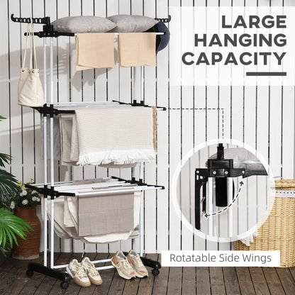 Foldable Clothes Drying Rack, 4-Tier Steel Laundry Rack for Drying Clothes with 2 Side Wings and 4 Castors, Indoor and O