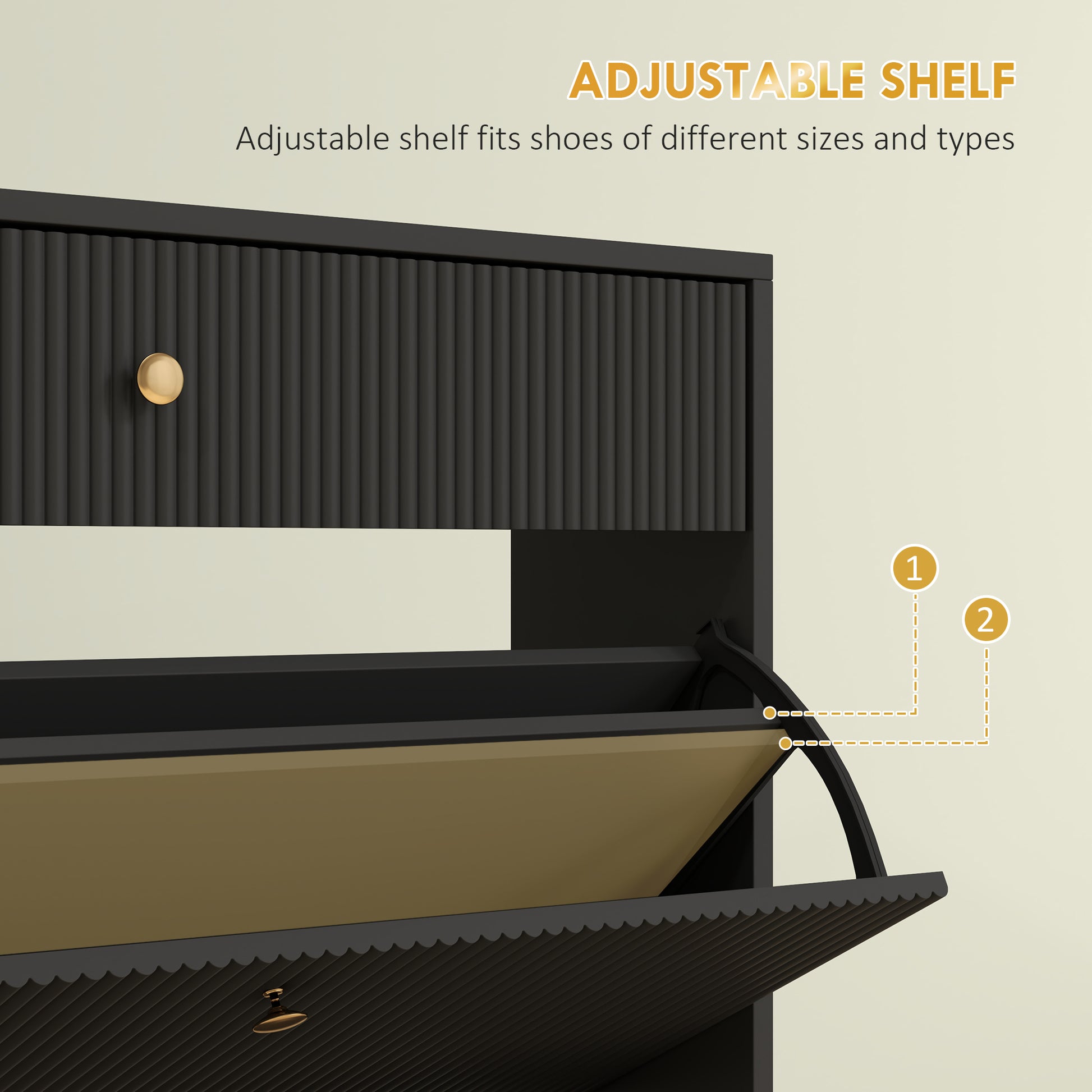 Narrow Shoe Storage Cabinet with Wave-like Panels and Adjustable Shelves for 12 Pairs of Shoes, Black