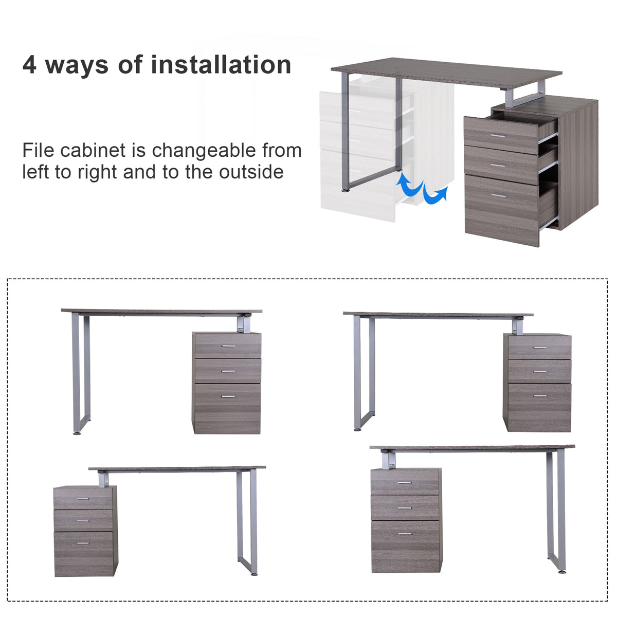 47" Computer Desk Writing Table Workstation with Multi-Use Reversible 3 Drawers Metal Frame Home Office Furniture, Dark 