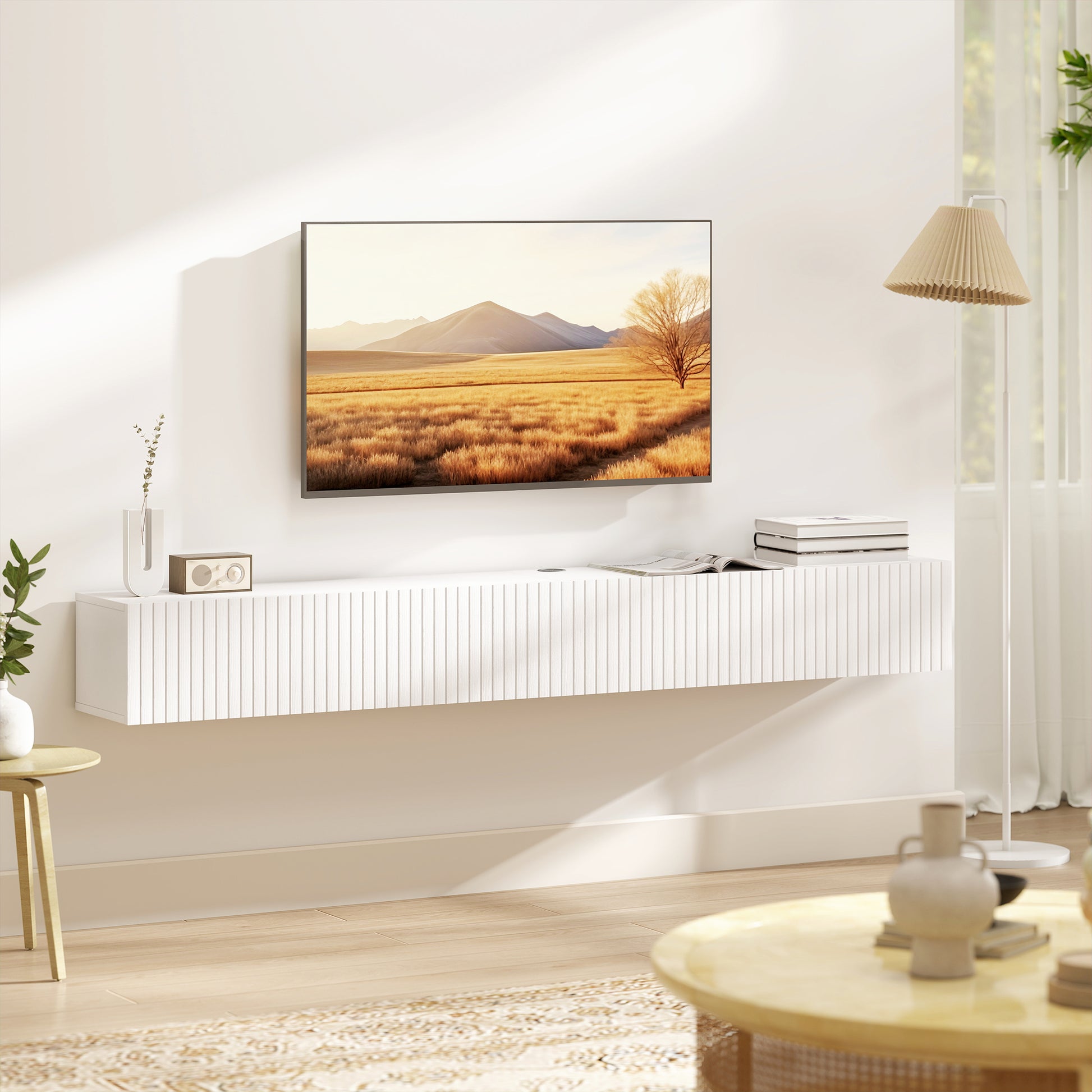 71" Floating TV Stand for TVs up to 72 Inch, Wall Mount Media Console with 2 Fluted Flip-Down Doors, Cable Hole, White