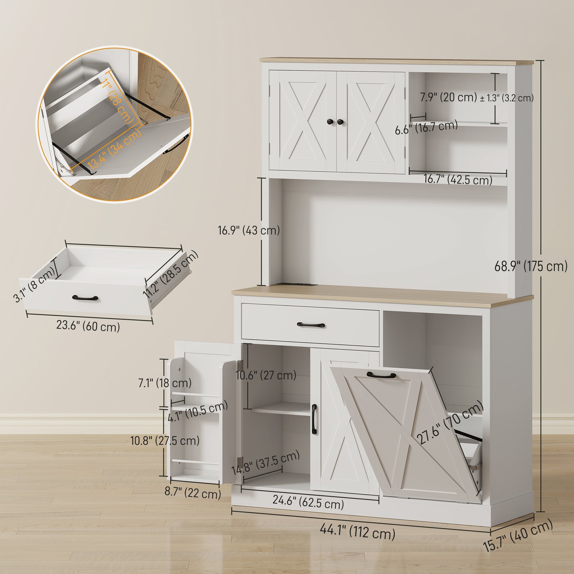 69" Pantry Cabinet with Charging Station, Kitchen Cabinet with Microwave Stand, Tilt-Out Trash Can Cabinet, White