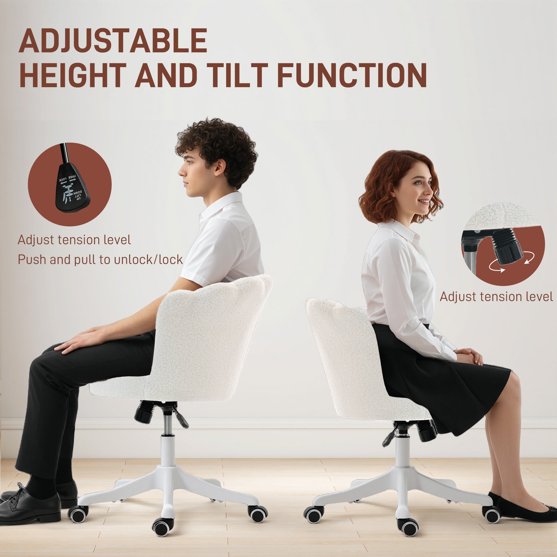 Office Chair, Armless Swivel Desk Chair with Adjustable Height, Backrest, Tilt Function for Office, Vanity, Cream White
