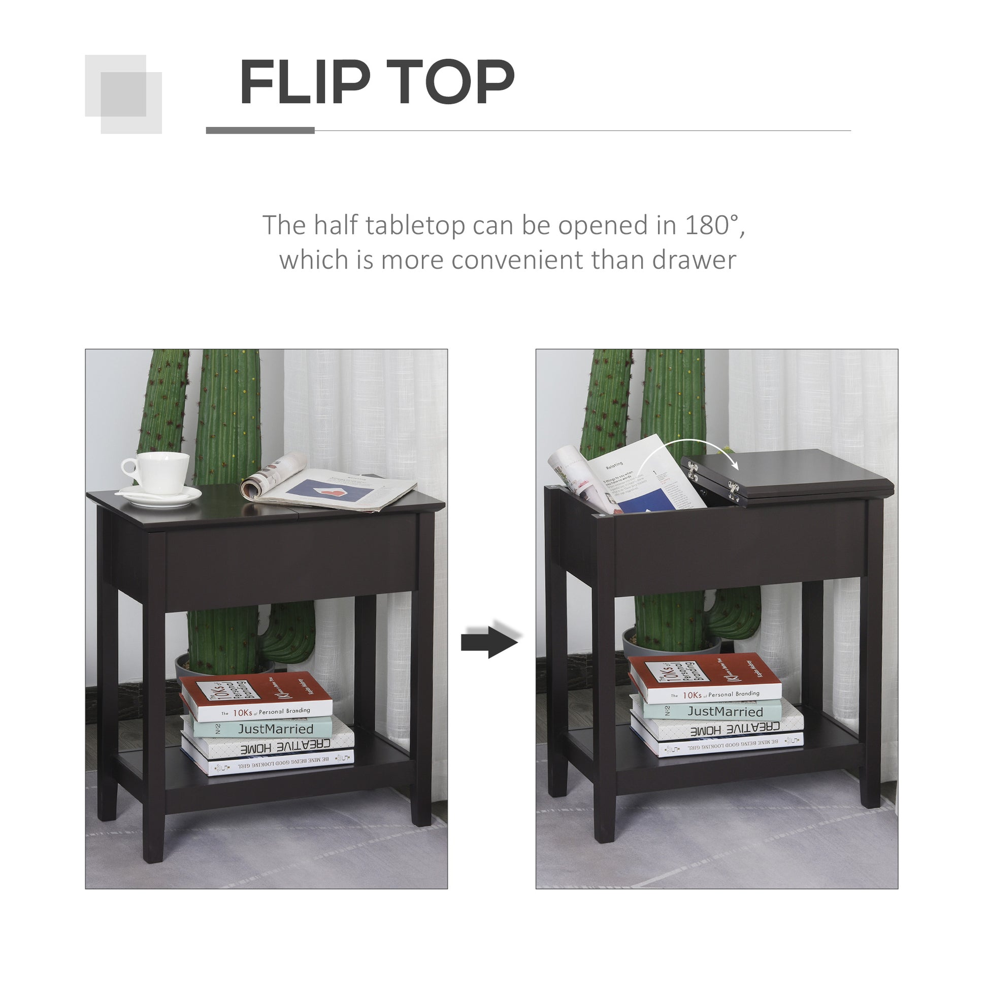 End Side Table in Flip Top Design with Cabinet and Bottom Shelf, Storage Furniture Decoration for Bedroom Living Room Of