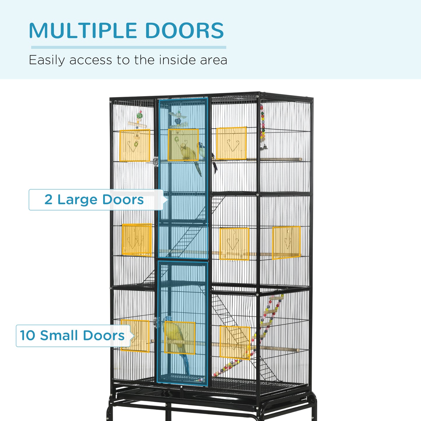 71" Bird Cage with Wheels Perches, Ramp, Storage Shelf, Toys for Canaries, Finches, Cockatiels, Parakeets, Black
