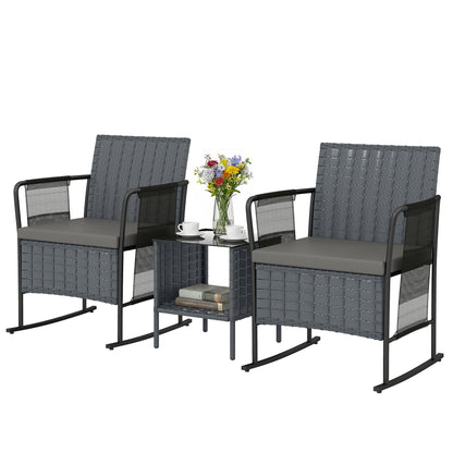 3 Pieces Rocking Bistro Set Outdoor Patio Furniture Set with Side Pockets, Mesh Seat, Cushions, 2-Tier Table, Grey