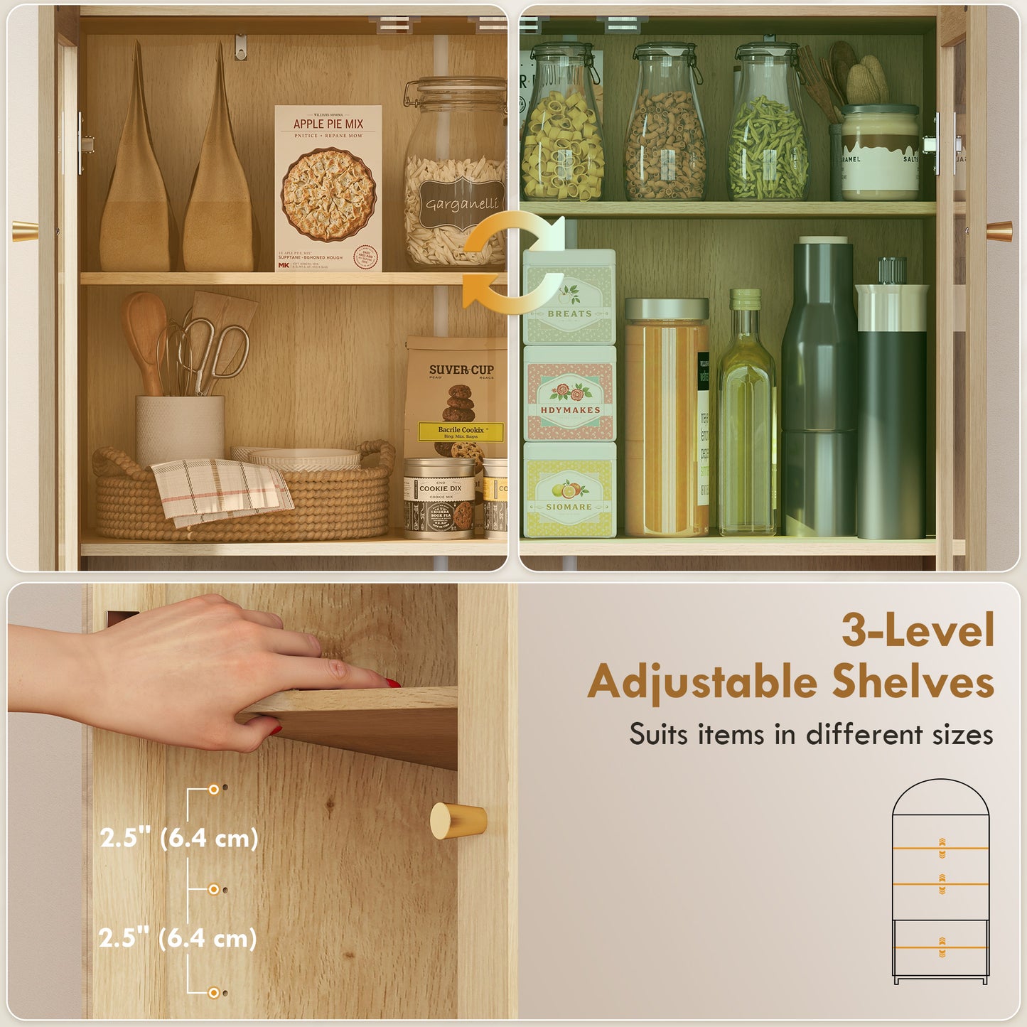 Arched Kitchen Pantry Cabinet, 71" Tall Farmhouse Kitchen Storage Cabinet with Acrylic Glass Doors, Oak