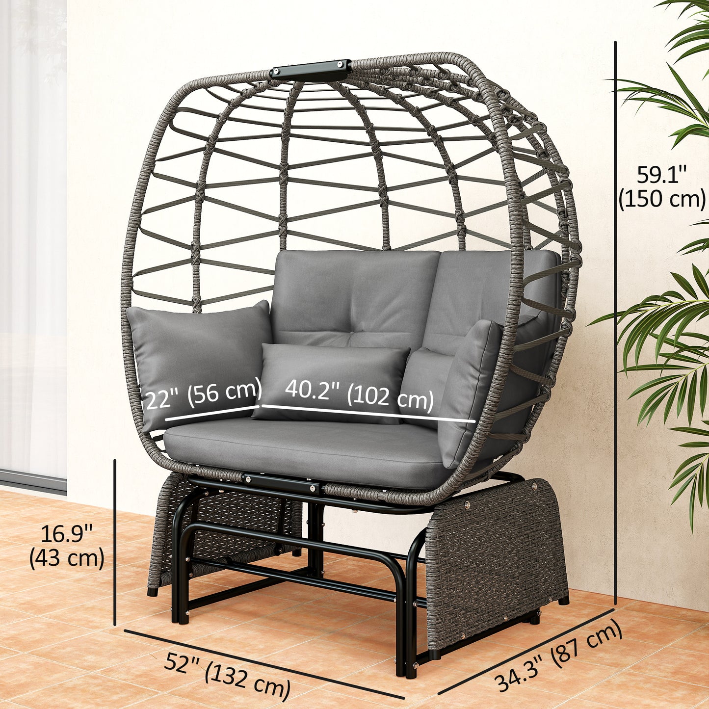 Double Outdoor Glider Egg Chair, Outdoor Loveseat Glider with Cushions and Pillows, Dark Grey