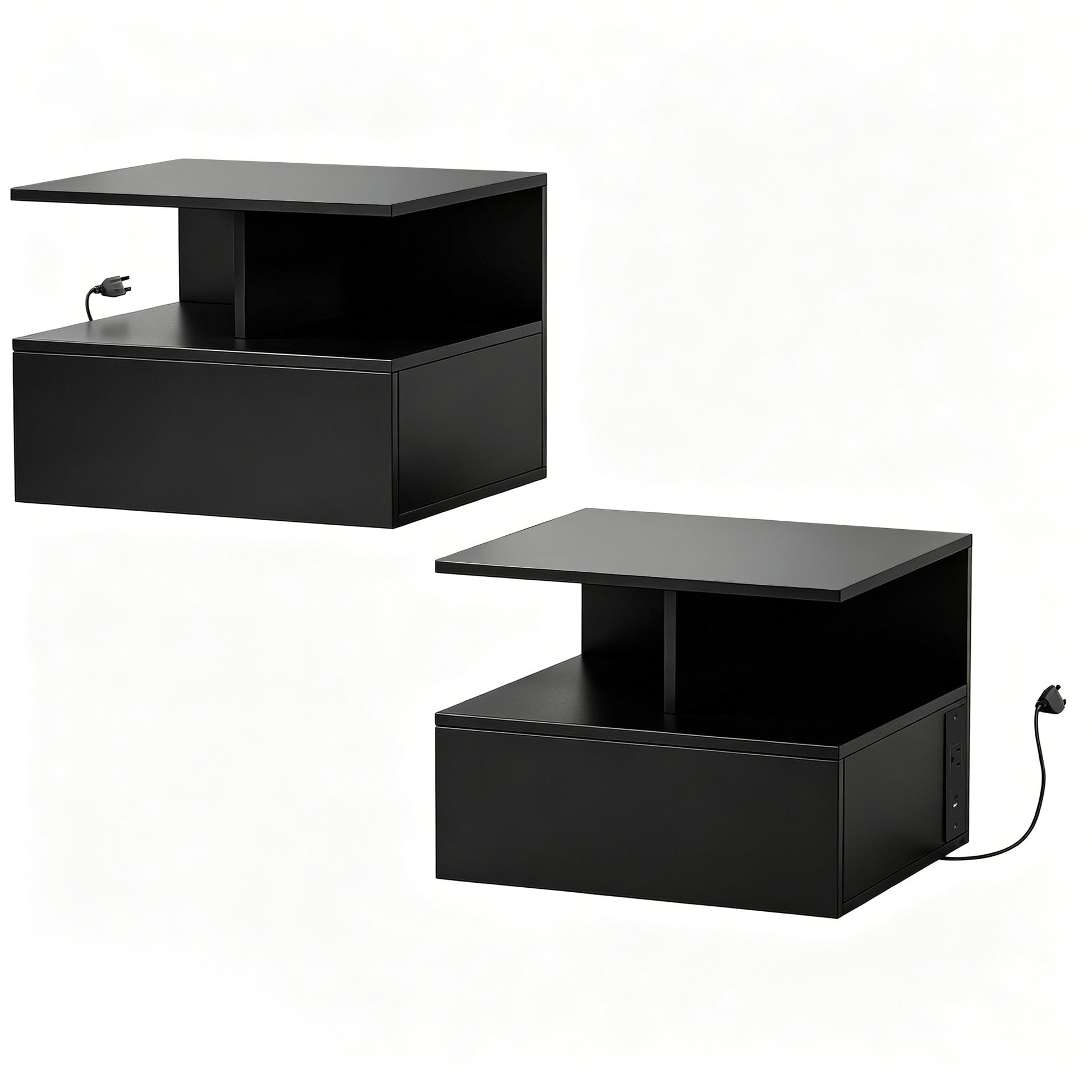 Floating Nightstand Set of 2, Wall Mounted Bedside Table with with Power Outlets, Drawer and Shelf, Black