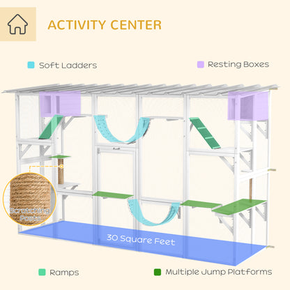Large Outdoor Catio with Condos, Platforms, Doors, Ladders, Weather-Resistant Roof, White