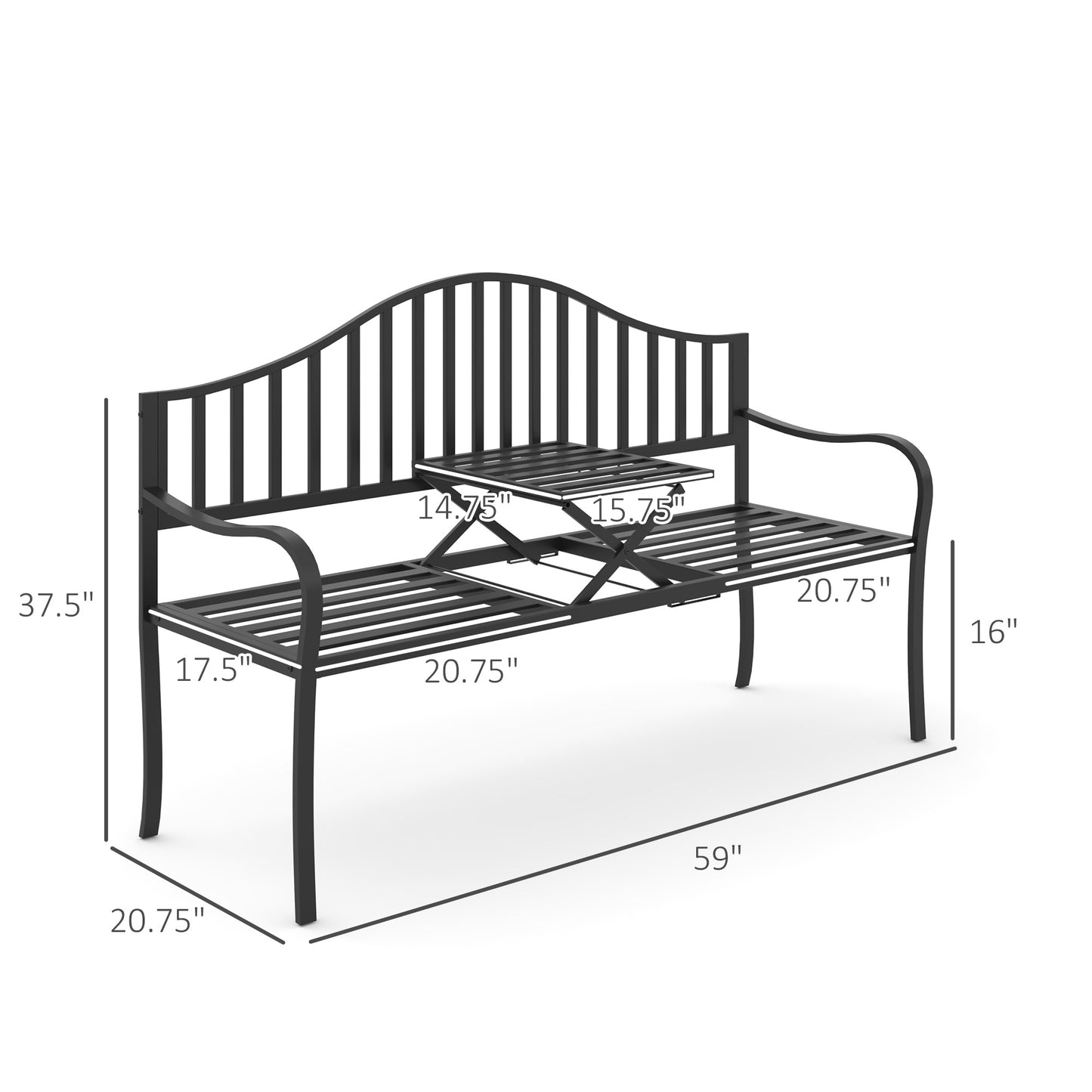 Outdoor Bench with Retractable Middle Table, Metal Frame Patio Loveseat with Slatted Seat and Backrest, Curved Armrests,