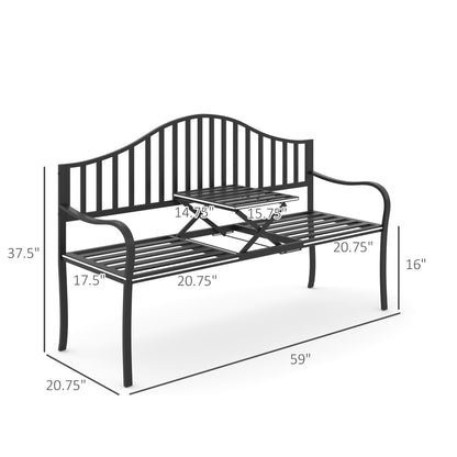 Outdoor Bench with Retractable Middle Table, Metal Frame Patio Loveseat with Slatted Seat and Backrest, Curved Armrests,