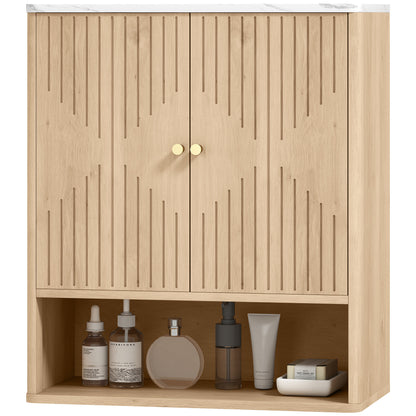 Bathroom Wall Cabinet, Wall-Mounted Medicine Cabinet with Adjustable Shelf, Open Shelf and Marble Effect Top, Oak