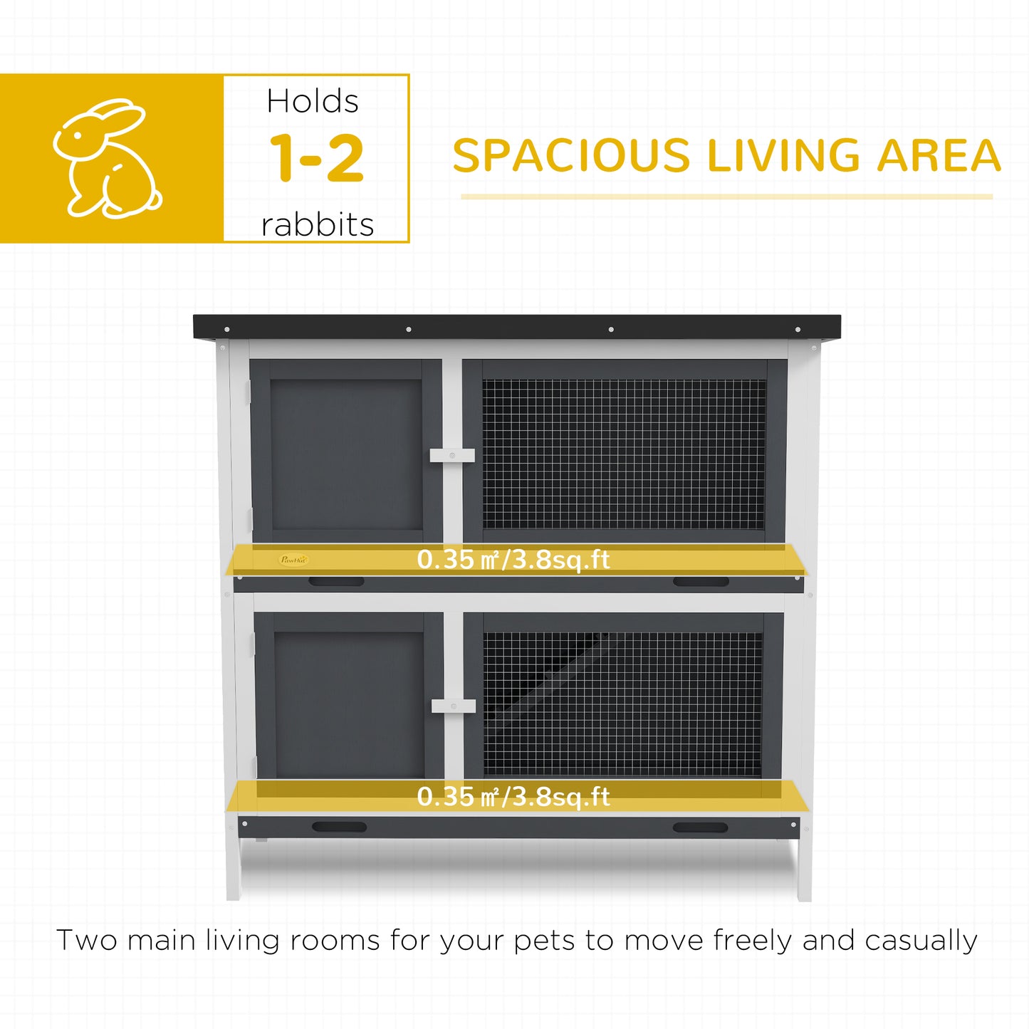 Wood Rabbit Hutch with 2 Large Main House, Ramp, Trays, Grey