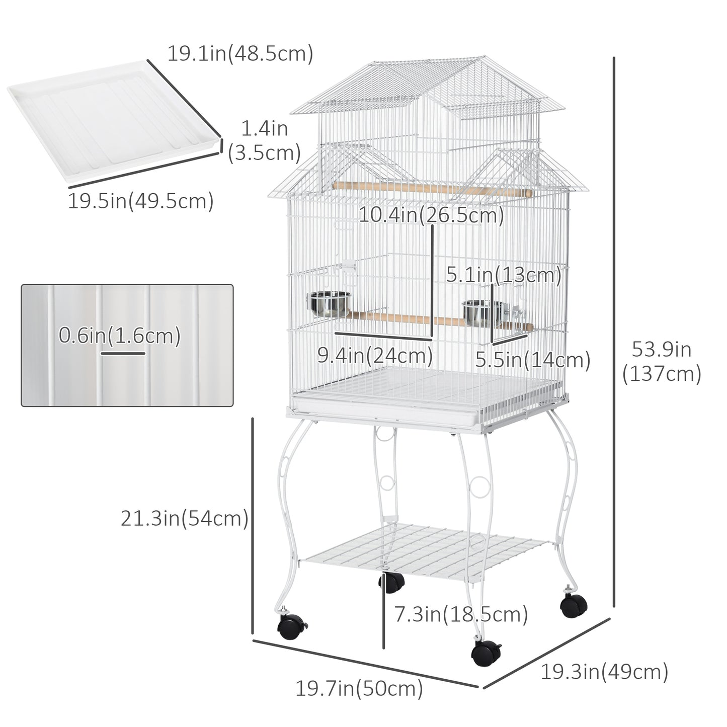 53.9'' Large Rolling Steel Bird Cage Bird House with Detachable Rolling Stand, Storage Shelf, Wood Perch, Food Container