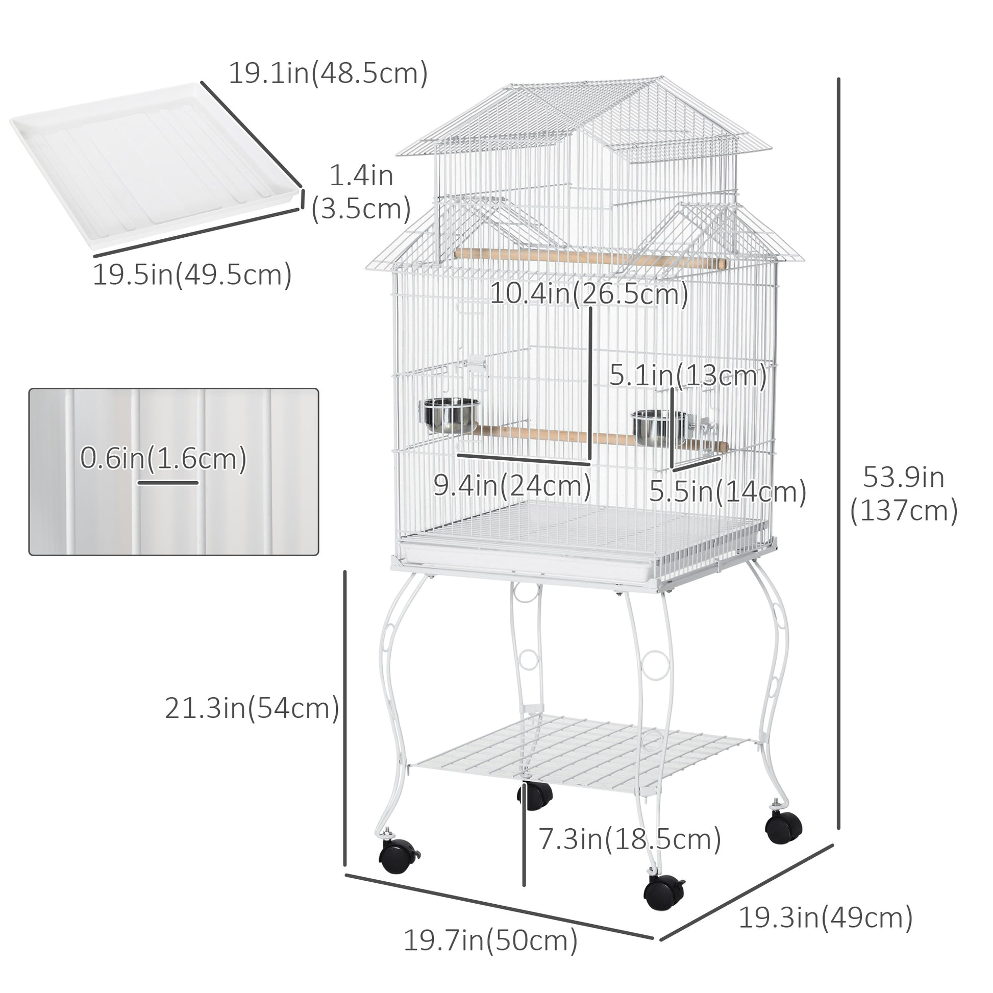 53.9'' Large Rolling Steel Bird Cage Bird House with Detachable Rolling Stand, Storage Shelf, Wood Perch, Food Container