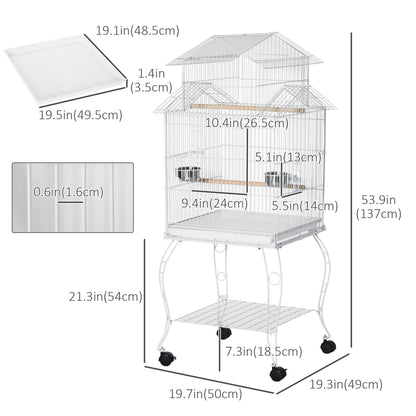53.9'' Large Rolling Steel Bird Cage Bird House with Detachable Rolling Stand, Storage Shelf, Wood Perch, Food Container