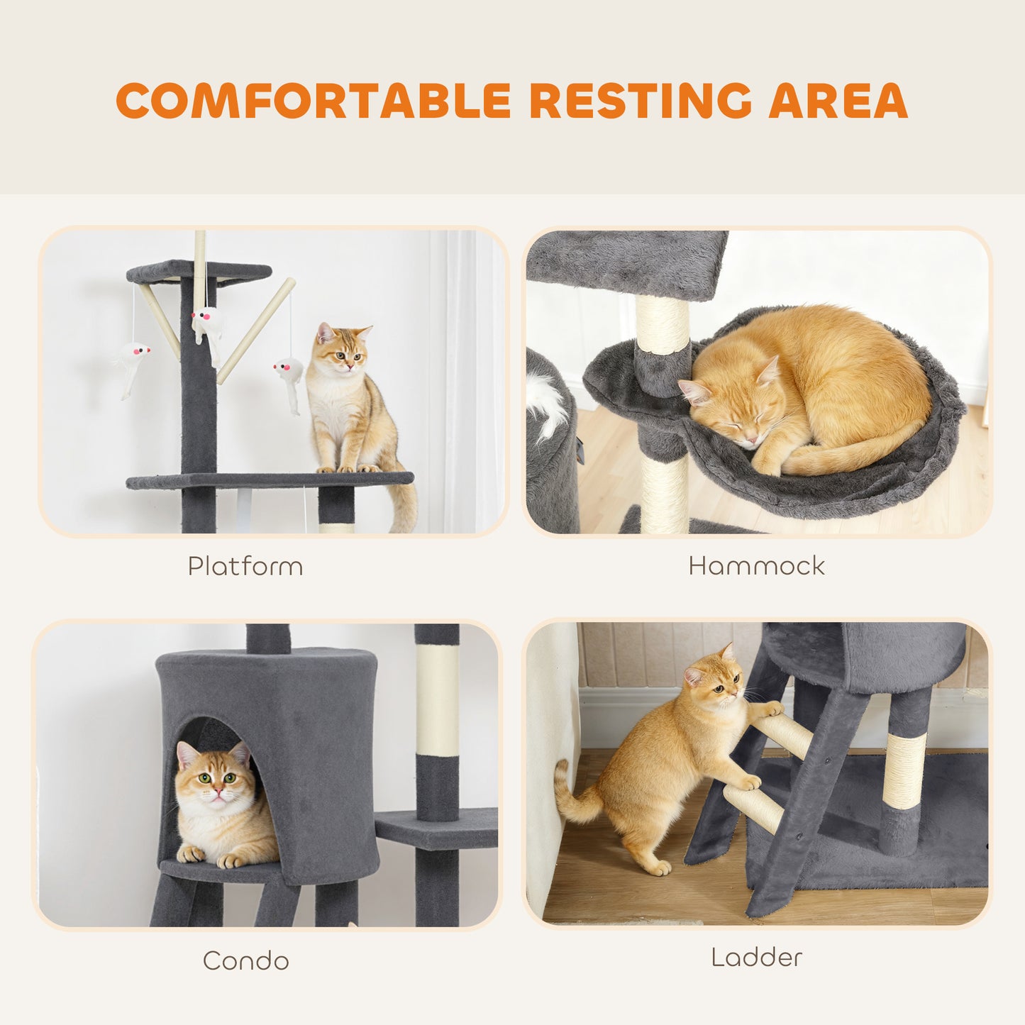 53" Cat Tree Tower, Kitten Activity Centre with Scratching Posts, Condo, Perches, Ladder, Hammock, Dangling Toys, Dark G