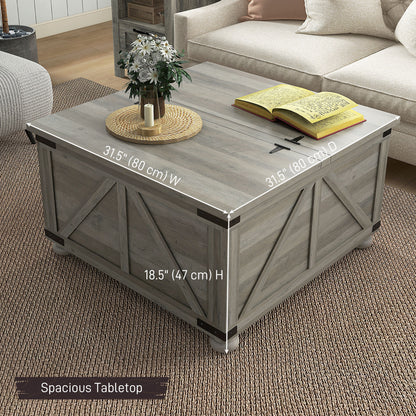 Farmhouse Coffee Table, Square Center Table with Flip-top Lids, Hidden Storage Compartment and Wooden Legs, Distressed G