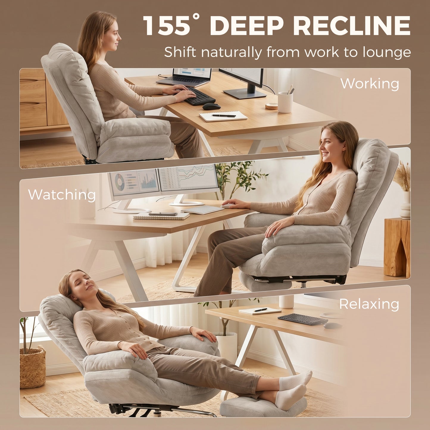 Criss Cross Chair with Wheels, Waterfall Armrests, Overstuffed Wide Office Chair with Footrest, Light Grey