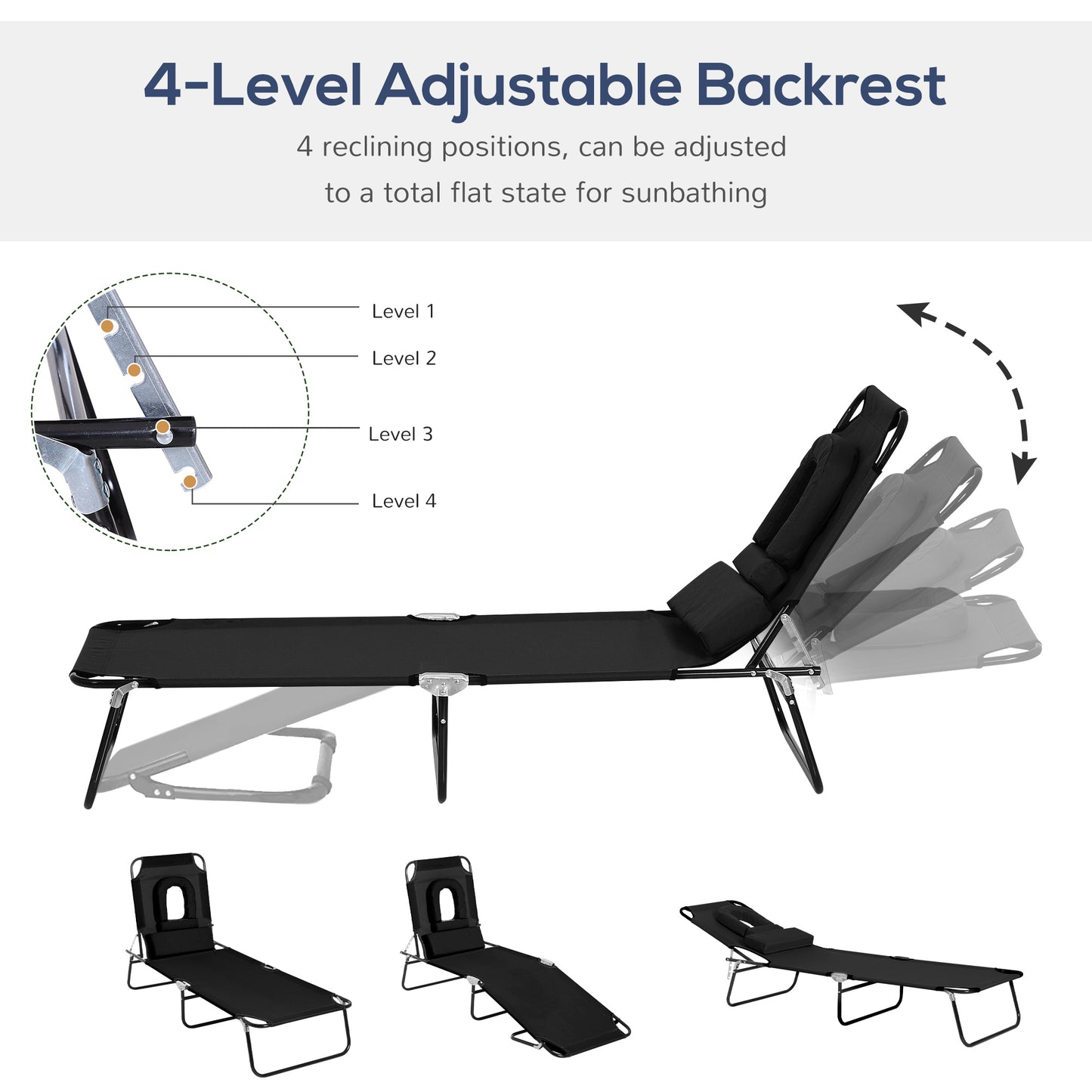 Folding Outdoor Lounge Chair, Portable Reclining Beach Lounger with Face Hole, Detachable Pillow, 4-Position Adjustable 