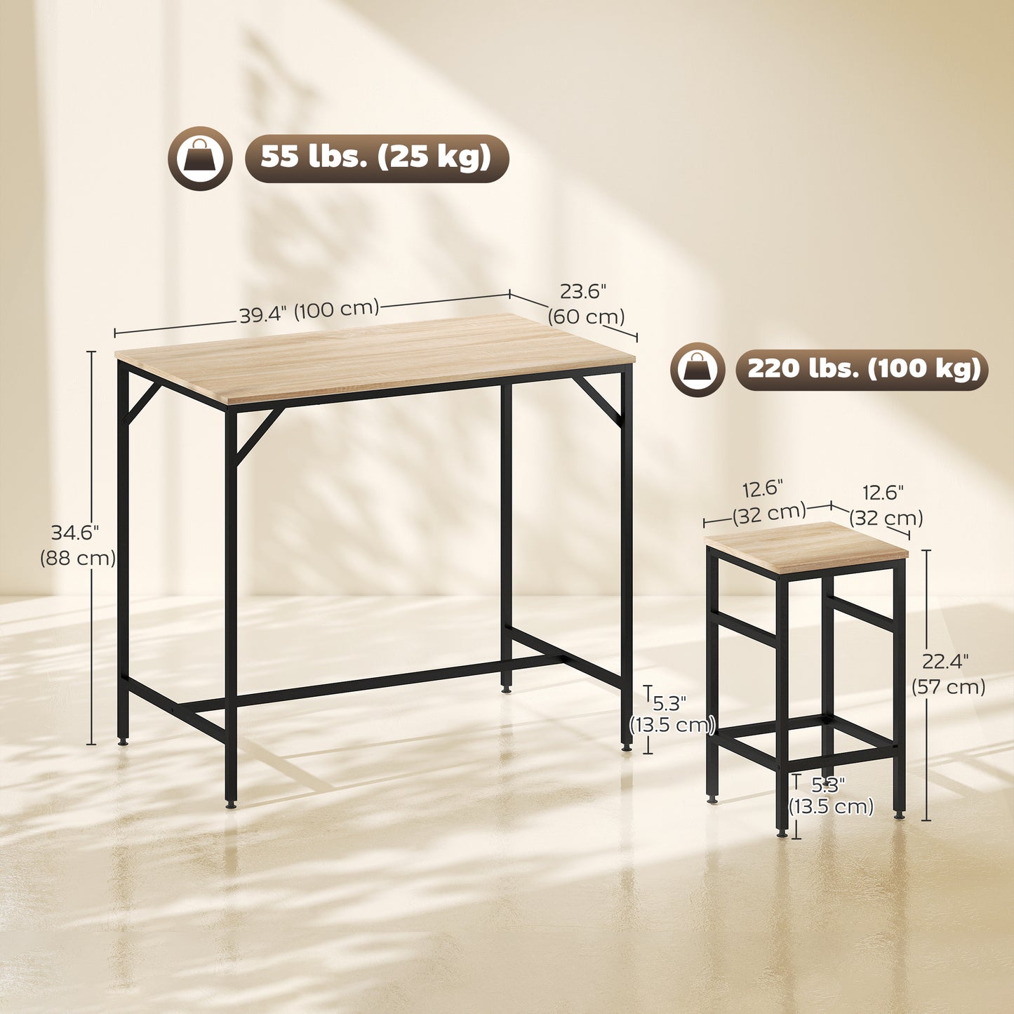 5 Pieces Industrial Rectangular Bar Table Set, Dining Table Set Breakfast Table with 4 Stools for Dining Room, Kitchen, 