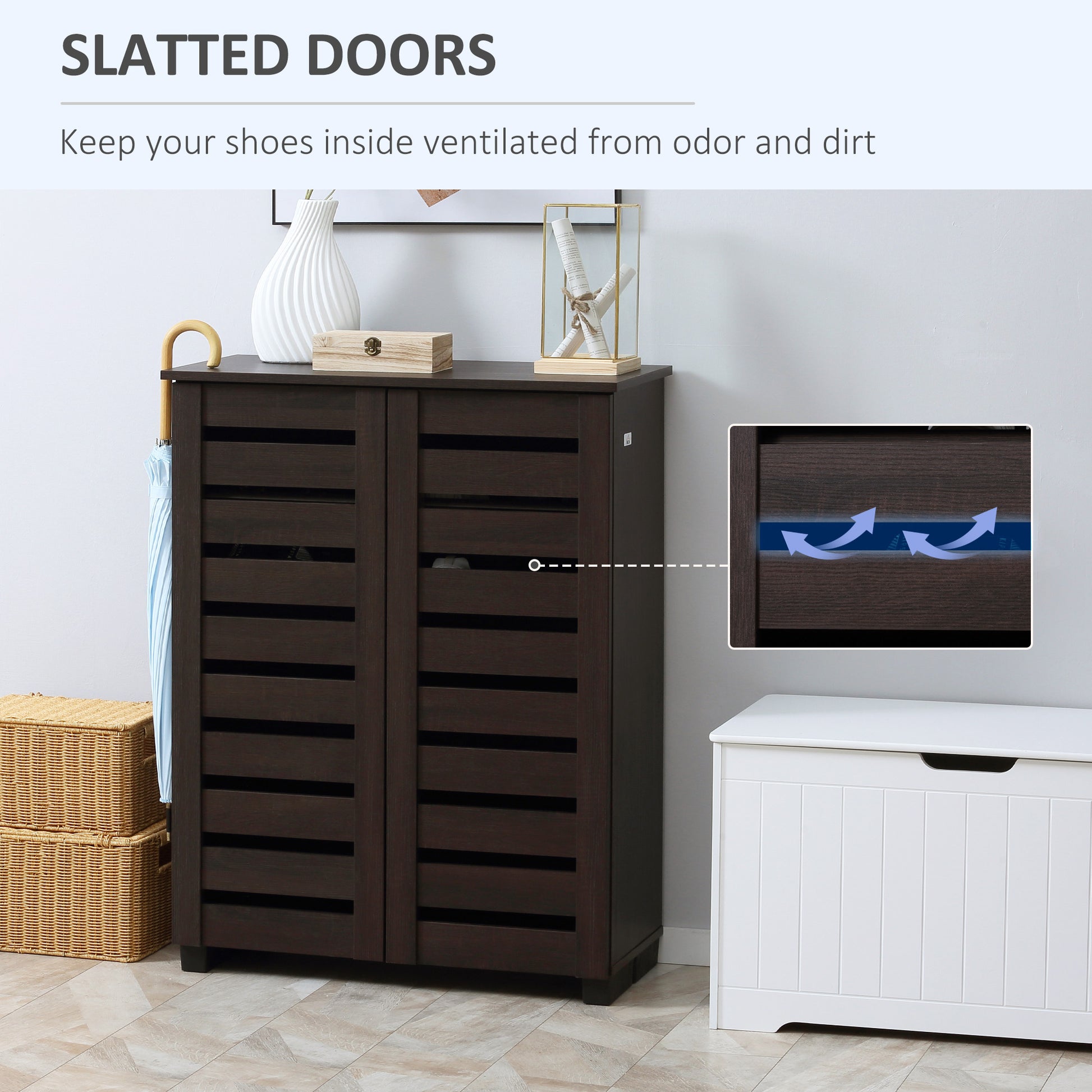 Narrow Shoe Cabinet with 2 Slatted Doors, Modern Shoe Storage Cabinet with Adjustable Shelves for Entryway, Hallway, Liv