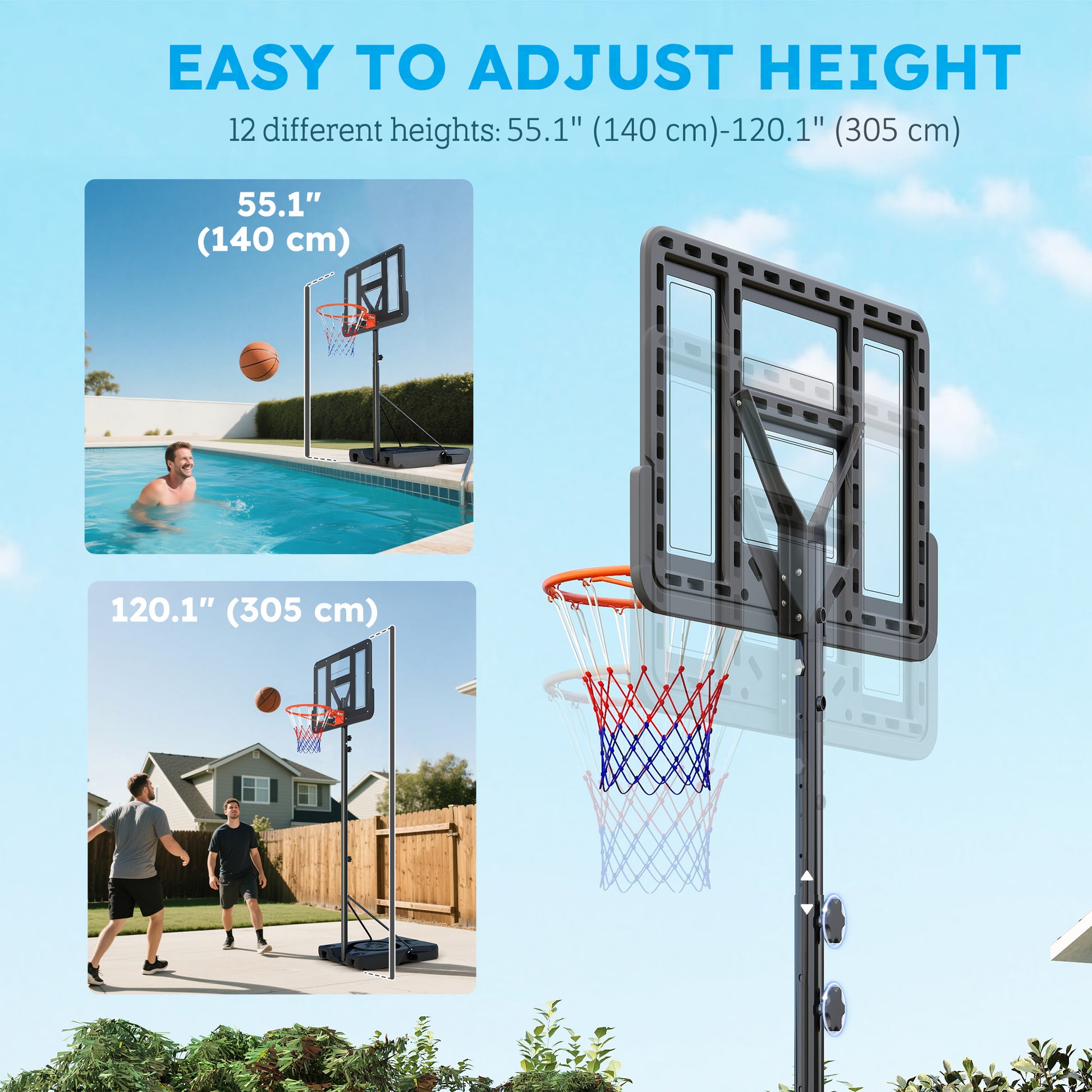 Soozier Basketball Hoop Outdoor, 4.6-10ft Portable Basketball Goal with Wheels and 43" Backboard, for Teenagers Youth Ad