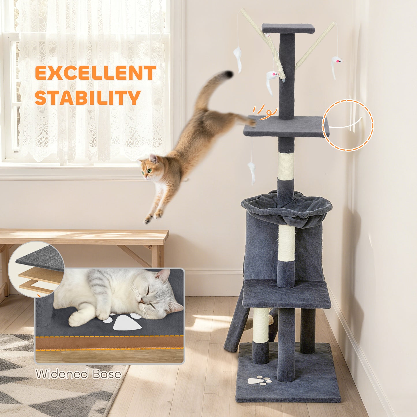 53" Cat Tree Tower, Kitten Activity Centre with Scratching Posts, Condo, Perches, Ladder, Hammock, Dangling Toys, Dark G