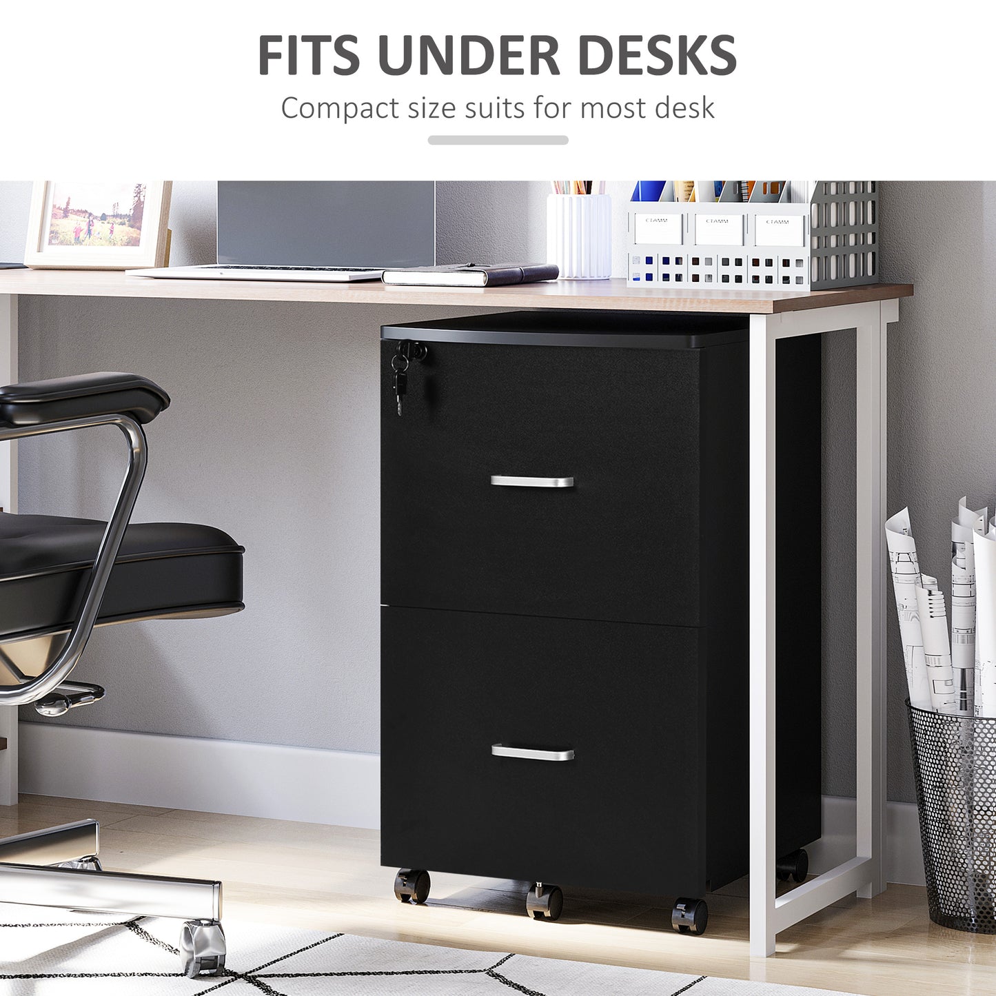 2 Drawer File Cabinet with Lock, Small Rolling Filing Cabinet for A4, Letter-Size Documents, Printer Stand for Home Offi