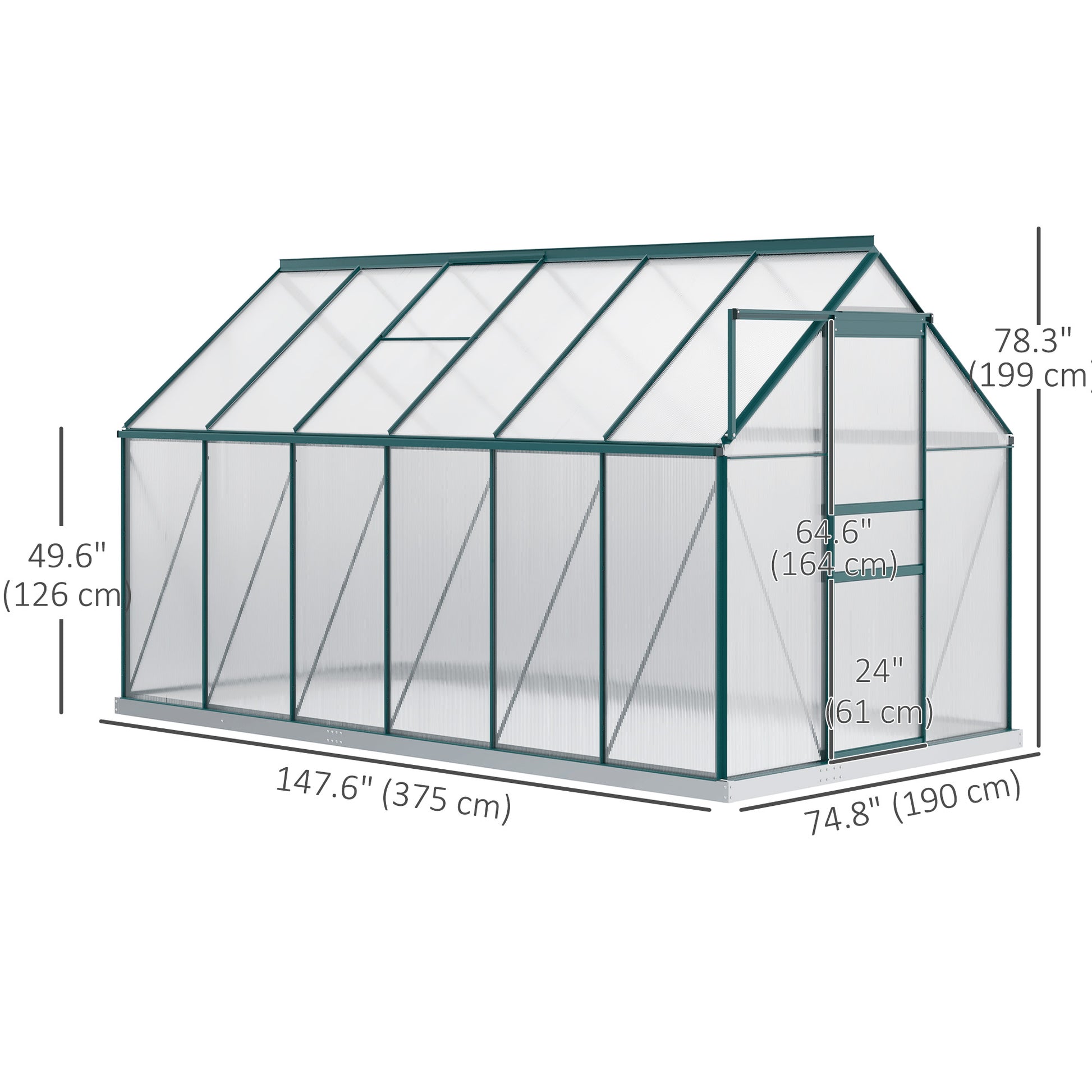 6' x 12' x 6.5' Polycarbonate Greenhouse, Walk-in Green House with Adjustable Roof Vent Galvanized Base Sliding Door Rai