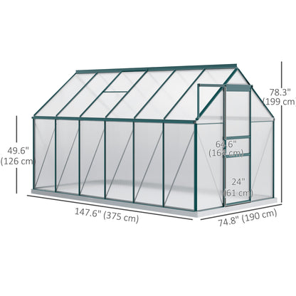 6' x 12' x 6.5' Polycarbonate Greenhouse, Walk-in Green House with Adjustable Roof Vent Galvanized Base Sliding Door Rai