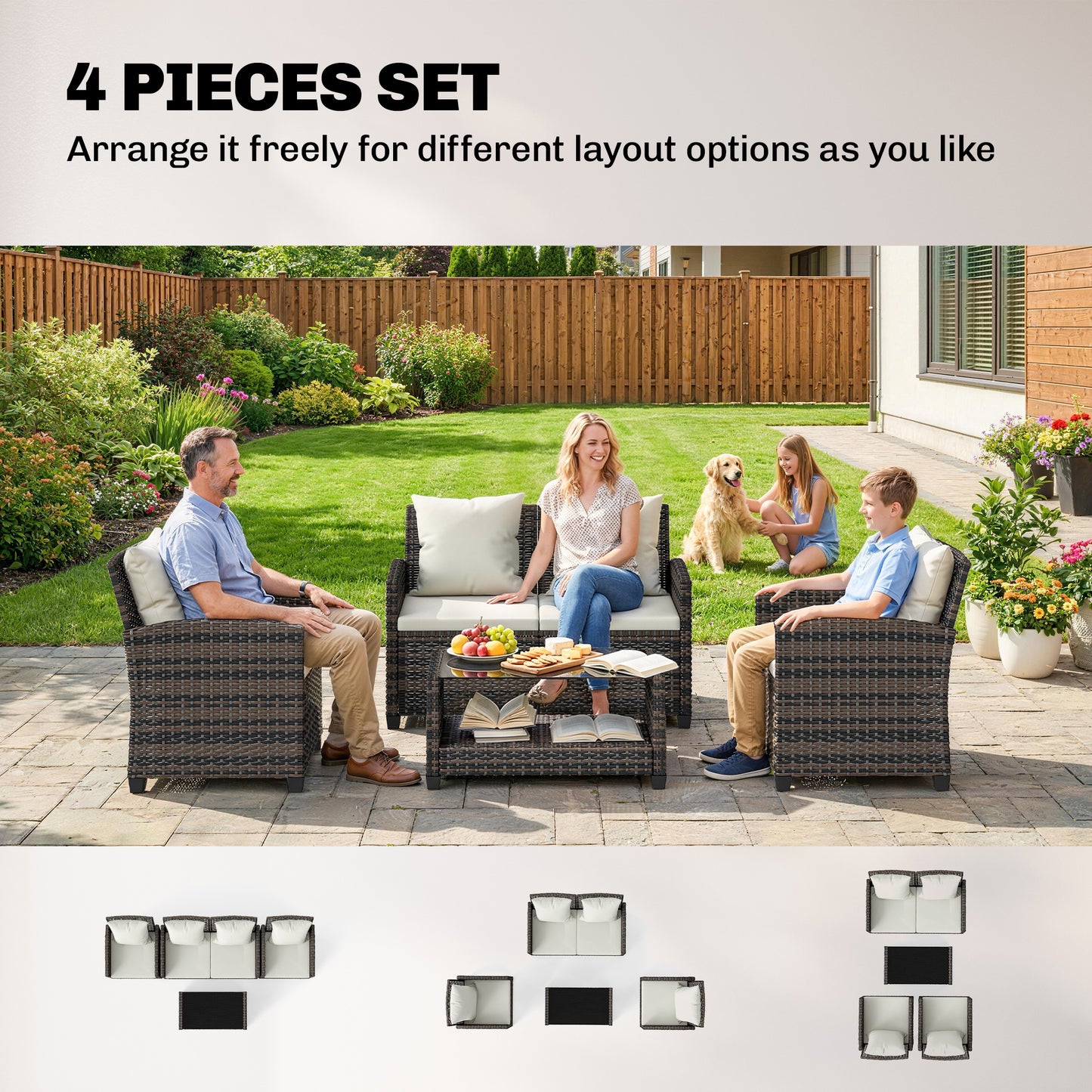 4-Piece Outdoor Wicker Patio Furniture Conversation Set, Includes Loveseat, Chairs and 2-Tier Table with Cushions, Moder