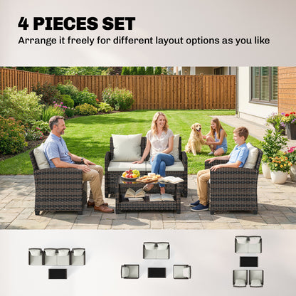 4-Piece Outdoor Wicker Patio Furniture Conversation Set, Includes Loveseat, Chairs and 2-Tier Table with Cushions, Moder