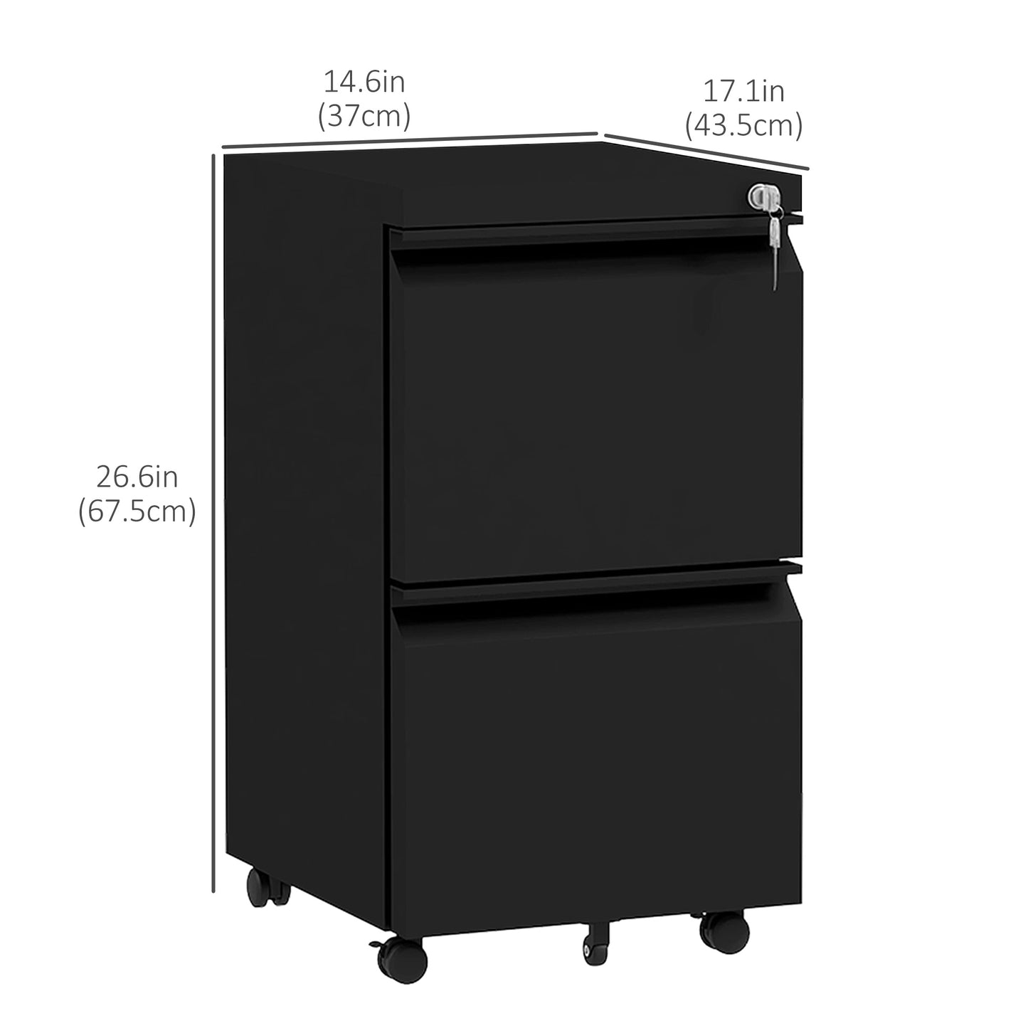 Mobile Vertical Filing Cabinet with Lock, 2-Drawer Steel File Cabinet with Adjustable Hanging Bar for Letter, A4 and Leg