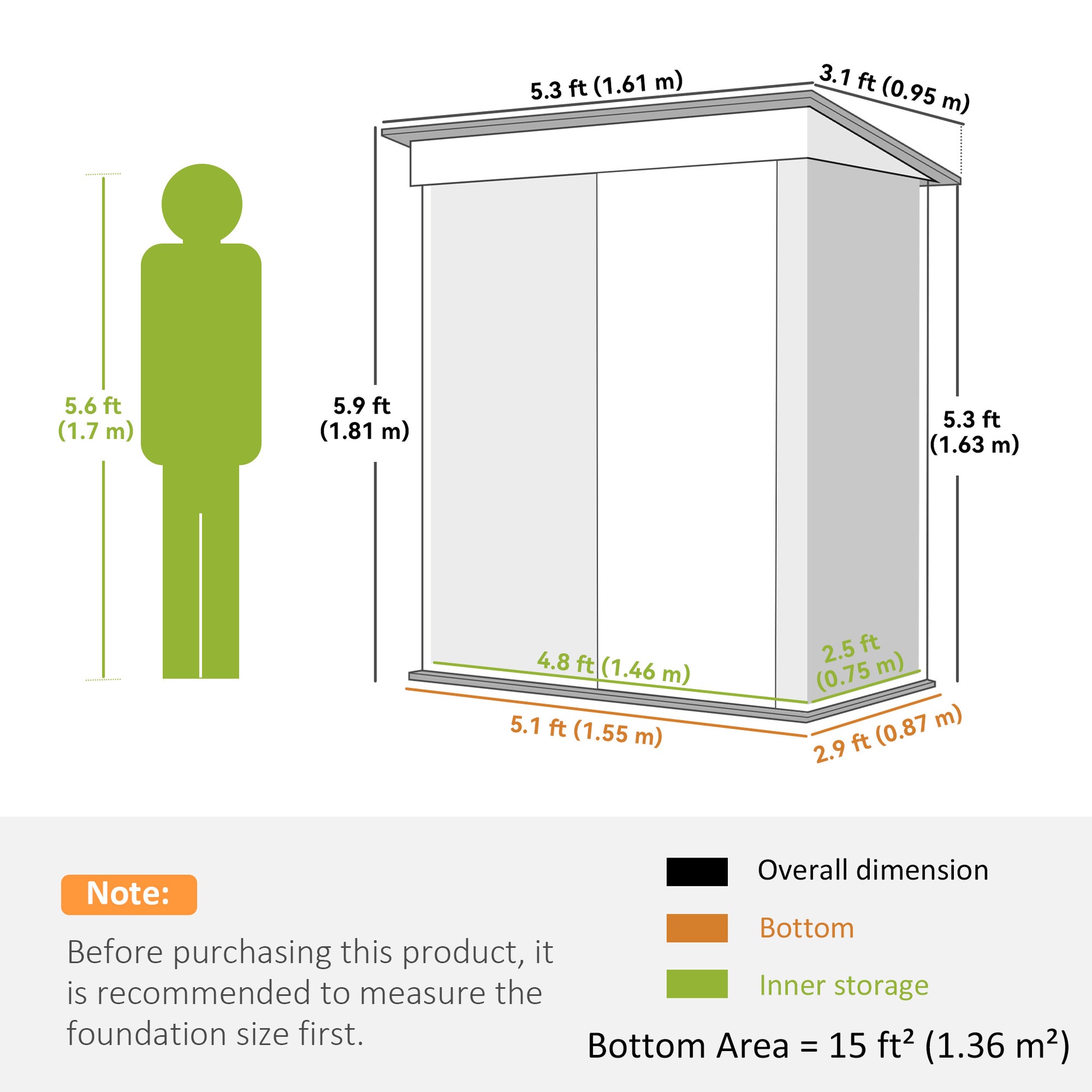 Outdoor Storage Shed, Steel Lean-to Shed with Adjustable Shelf, Lock, Gloves, 5'x3'x6', Green