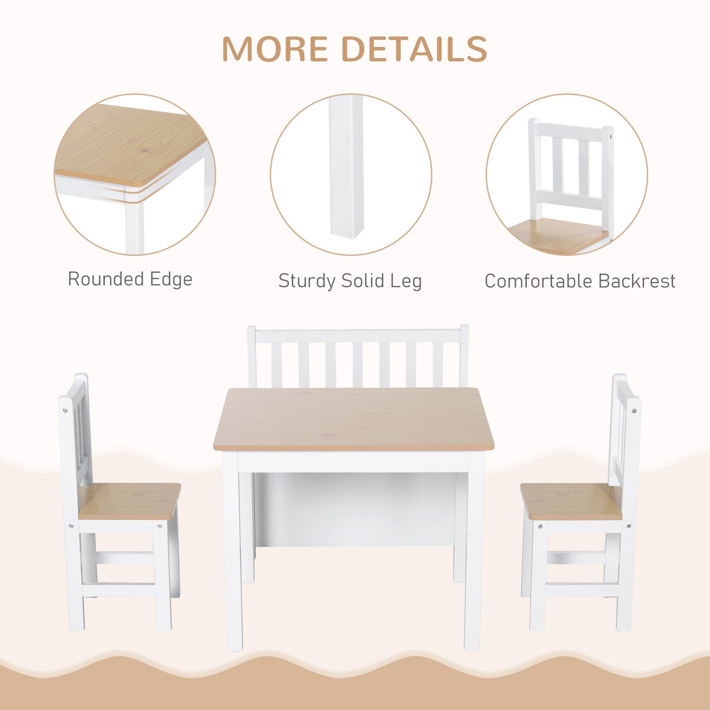 Qaba 4-Piece Set Kids Wood Table Chair Bench with Storage Function Easy to Clean Gift for Girls Boys Toddlers Age 3 Year