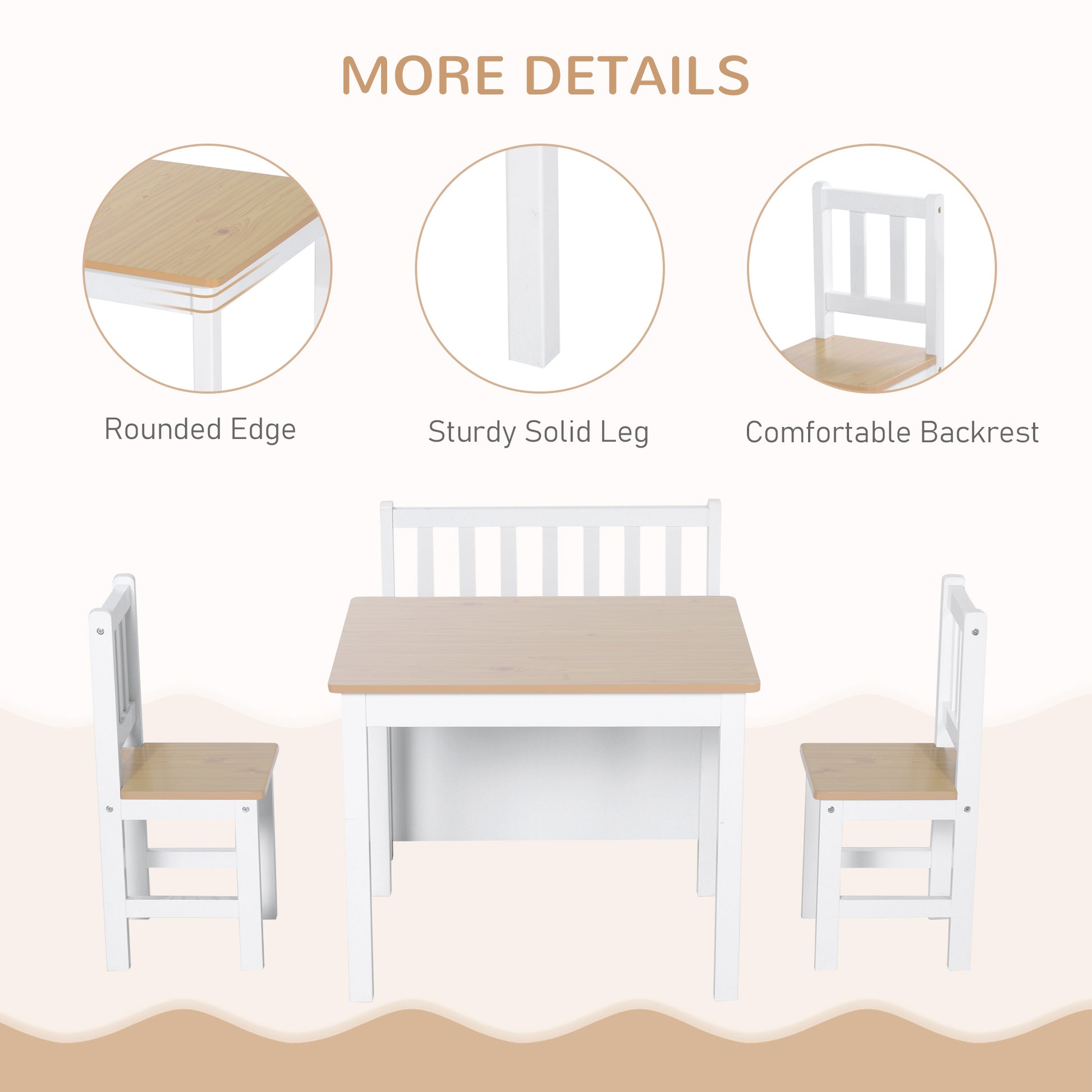 Qaba 4-Piece Set Kids Wood Table Chair Bench with Storage Function Easy to Clean Gift for Girls Boys Toddlers Age 3 Year