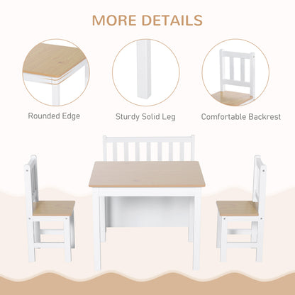 Qaba 4-Piece Set Kids Wood Table Chair Bench with Storage Function Easy to Clean Gift for Girls Boys Toddlers Age 3 Year
