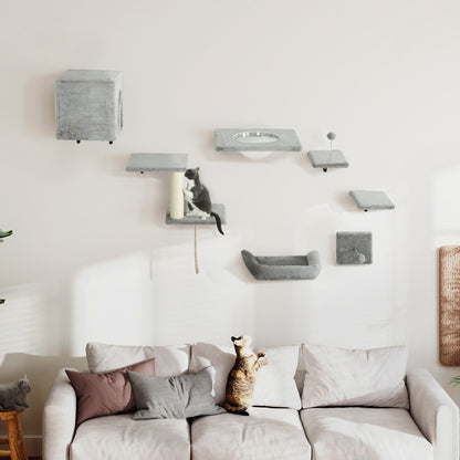 Cat Wall Shelves Set of 7, Shelves and Perches with House, Sisal Post Ladder, Bed & Ball, Grey